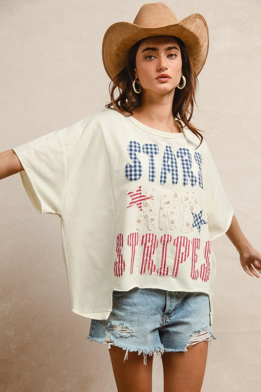 BiBi Mix And Match Stars And Stripes Patchwork Short Sleeve T-Shirt - Bitsy Gypsy Boutique