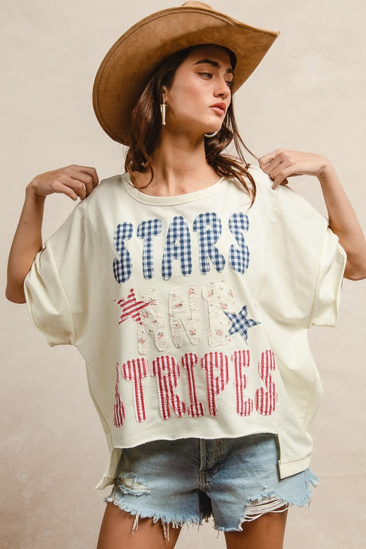 BiBi Mix And Match Stars And Stripes Patchwork Short Sleeve T-Shirt - Bitsy Gypsy Boutique