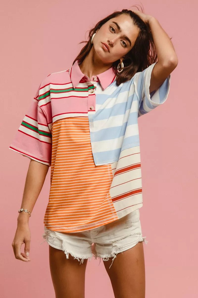 BiBi Mix And Match Stripe Color Block Shirt - Bitsy Gypsy Boutique