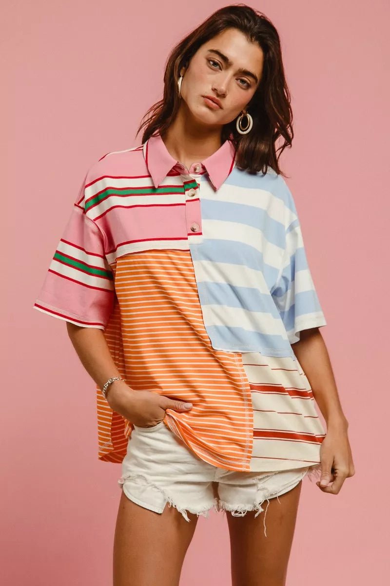 BiBi Mix And Match Stripe Color Block Shirt - Bitsy Gypsy Boutique