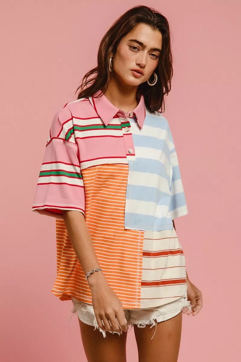 BiBi Mix And Match Stripe Color Block Shirt - Bitsy Gypsy Boutique