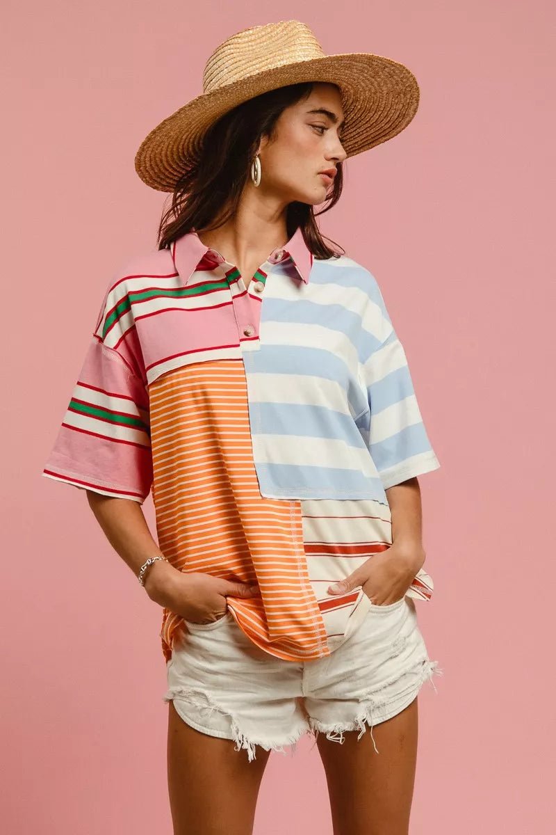 BiBi Mix And Match Stripe Color Block Shirt - Bitsy Gypsy Boutique