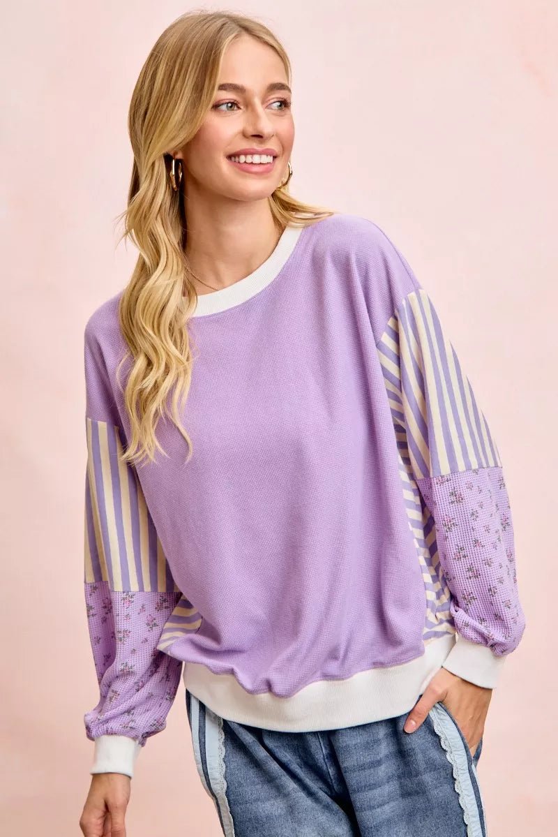BiBi Mix and Match Sweatshirt with Floral Sleeve Striped - Bitsy Gypsy Boutique