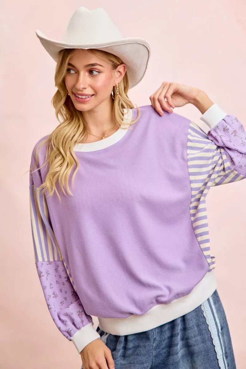 BiBi Mix and Match Sweatshirt with Floral Sleeve Striped - Bitsy Gypsy Boutique