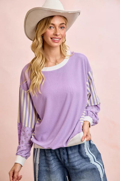 BiBi Mix and Match Sweatshirt with Floral Sleeve Striped - Bitsy Gypsy Boutique