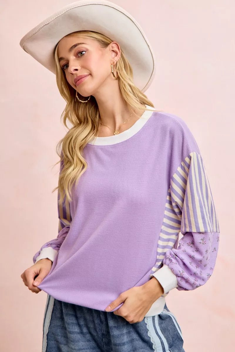 BiBi Mix and Match Sweatshirt with Floral Sleeve Striped - Bitsy Gypsy Boutique