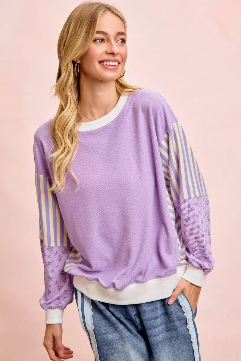 BiBi Mix and Match Sweatshirt with Floral Sleeve Striped - Bitsy Gypsy Boutique
