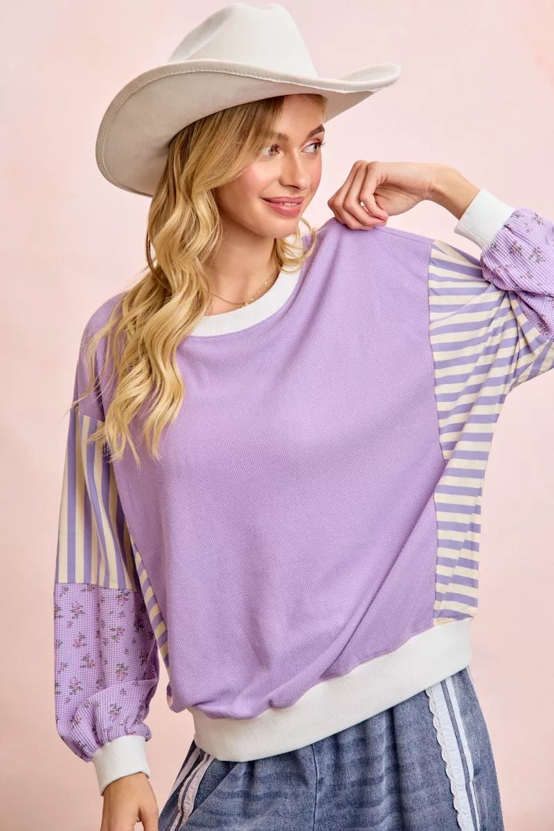 BiBi Mix and Match Sweatshirt with Floral Sleeve Striped - Bitsy Gypsy Boutique