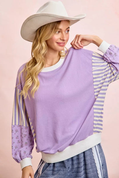 BiBi Mix and Match Sweatshirt with Floral Sleeve Striped - Bitsy Gypsy Boutique