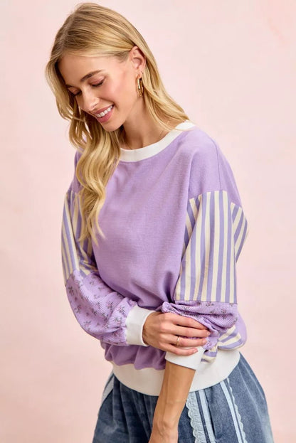 BiBi Mix and Match Sweatshirt with Floral Sleeve Striped - Bitsy Gypsy Boutique