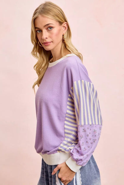 BiBi Mix and Match Sweatshirt with Floral Sleeve Striped - Bitsy Gypsy Boutique