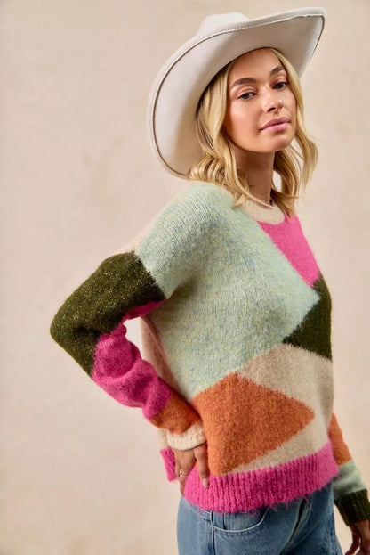 BiBi Multi Color Block Sweater Top - Bitsy Gypsy Boutique