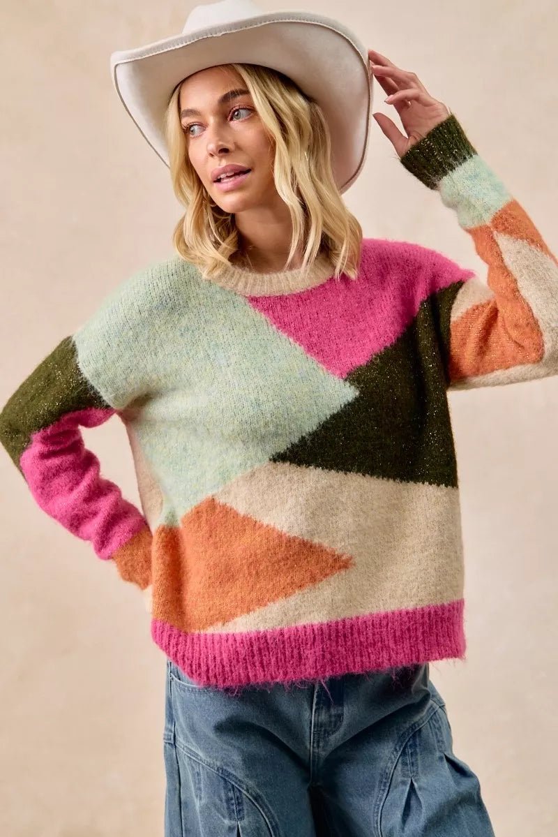 BiBi Multi Color Block Sweater Top - Bitsy Gypsy Boutique