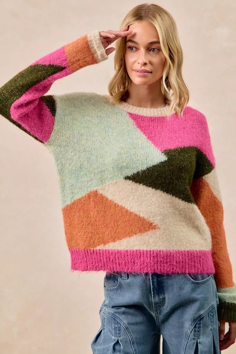 BiBi Multi Color Block Sweater Top - Bitsy Gypsy Boutique