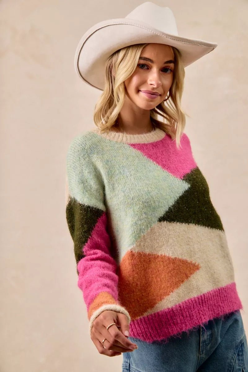 BiBi Multi Color Block Sweater Top - Bitsy Gypsy Boutique