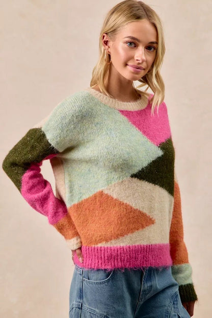 BiBi Multi Color Block Sweater Top - Bitsy Gypsy Boutique