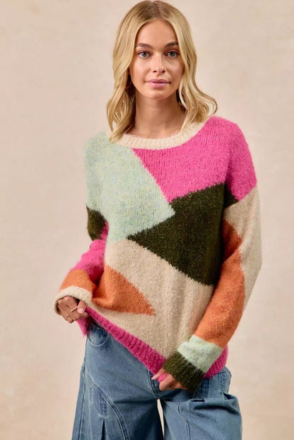 BiBi Multi Color Block Sweater Top - Bitsy Gypsy Boutique