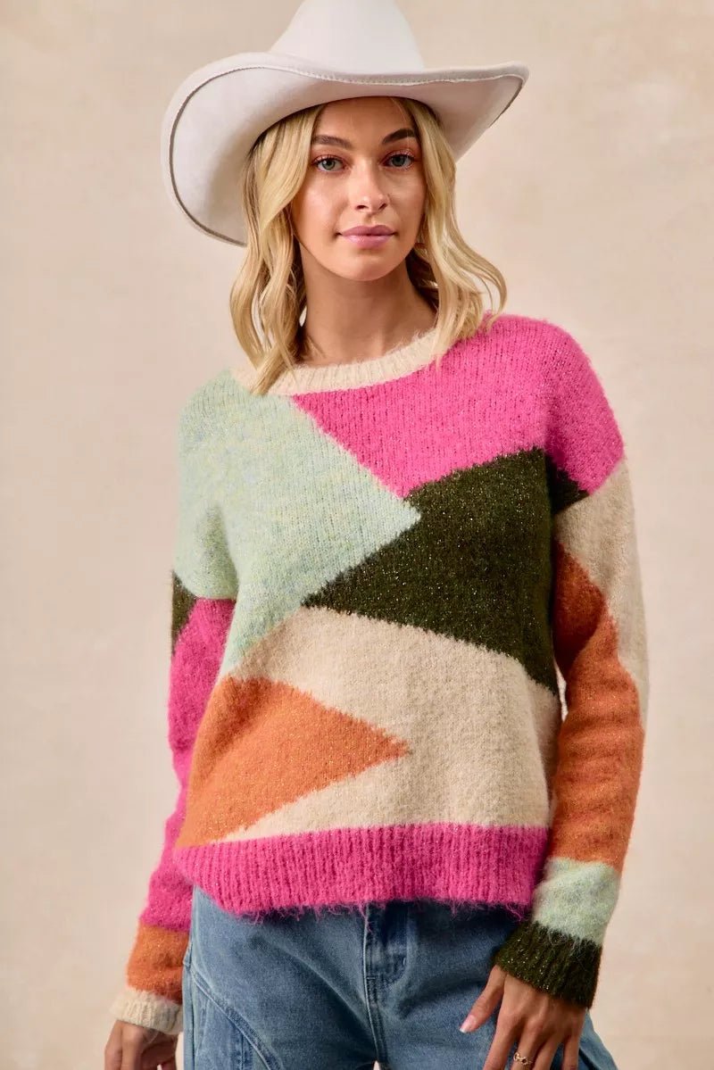 BiBi Multi Color Block Sweater Top - Bitsy Gypsy Boutique