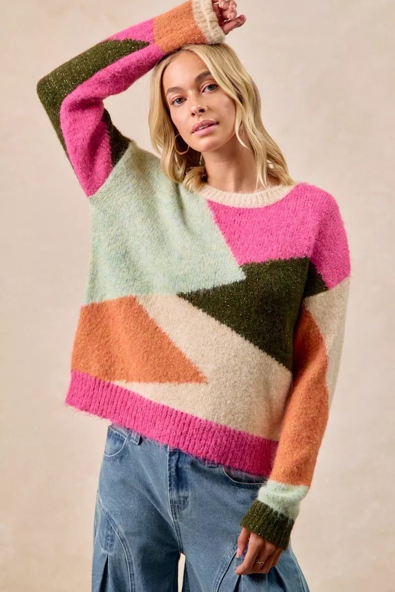 BiBi Multi Color Block Sweater Top - Bitsy Gypsy Boutique