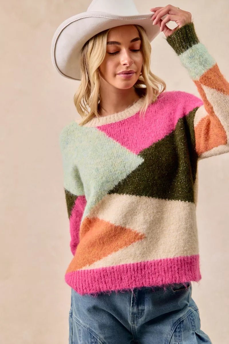 BiBi Multi Color Block Sweater Top - Bitsy Gypsy Boutique
