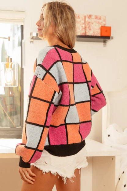 BiBi Multi Color Checker Pattern Sweater - Bitsy Gypsy Boutique