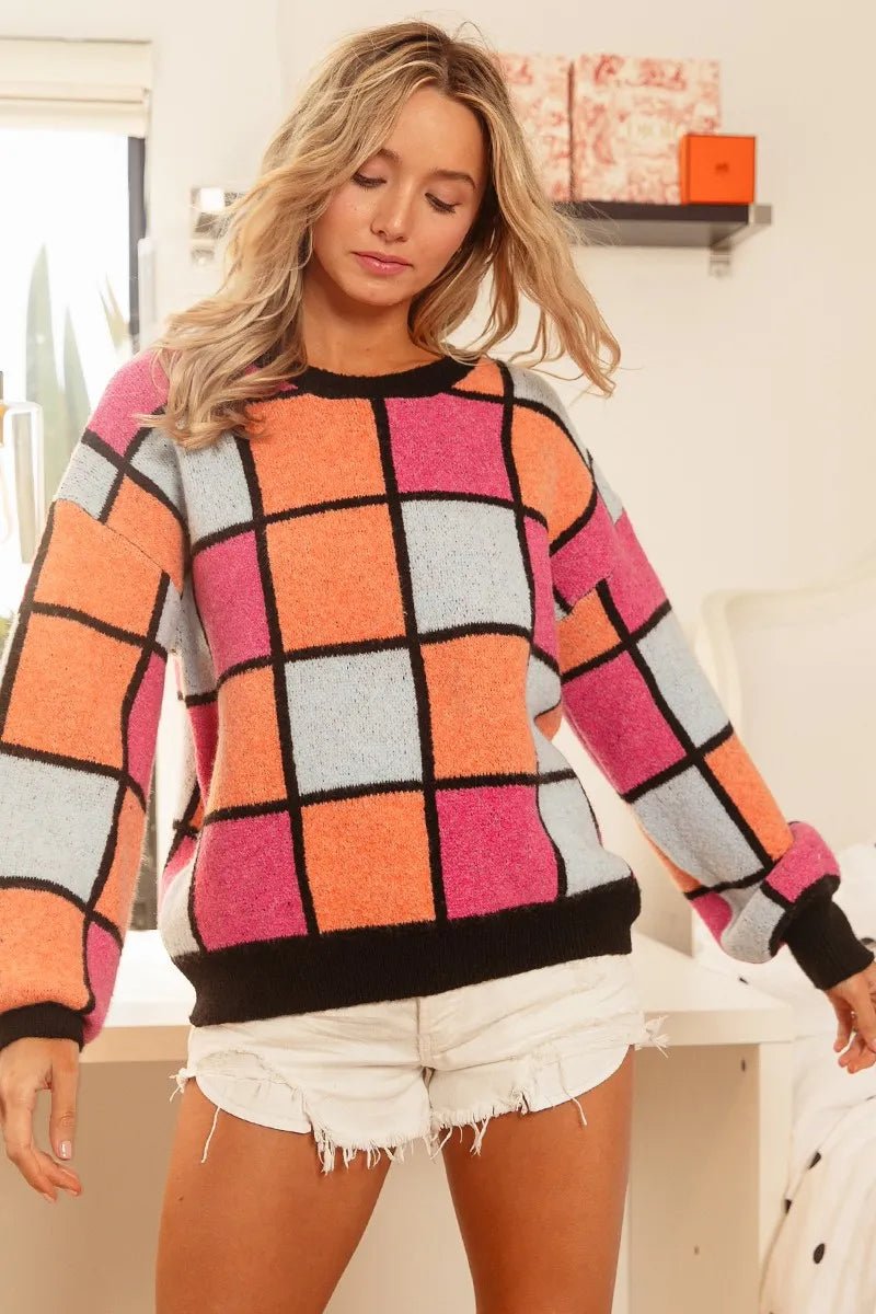 BiBi Multi Color Checker Pattern Sweater - Bitsy Gypsy Boutique