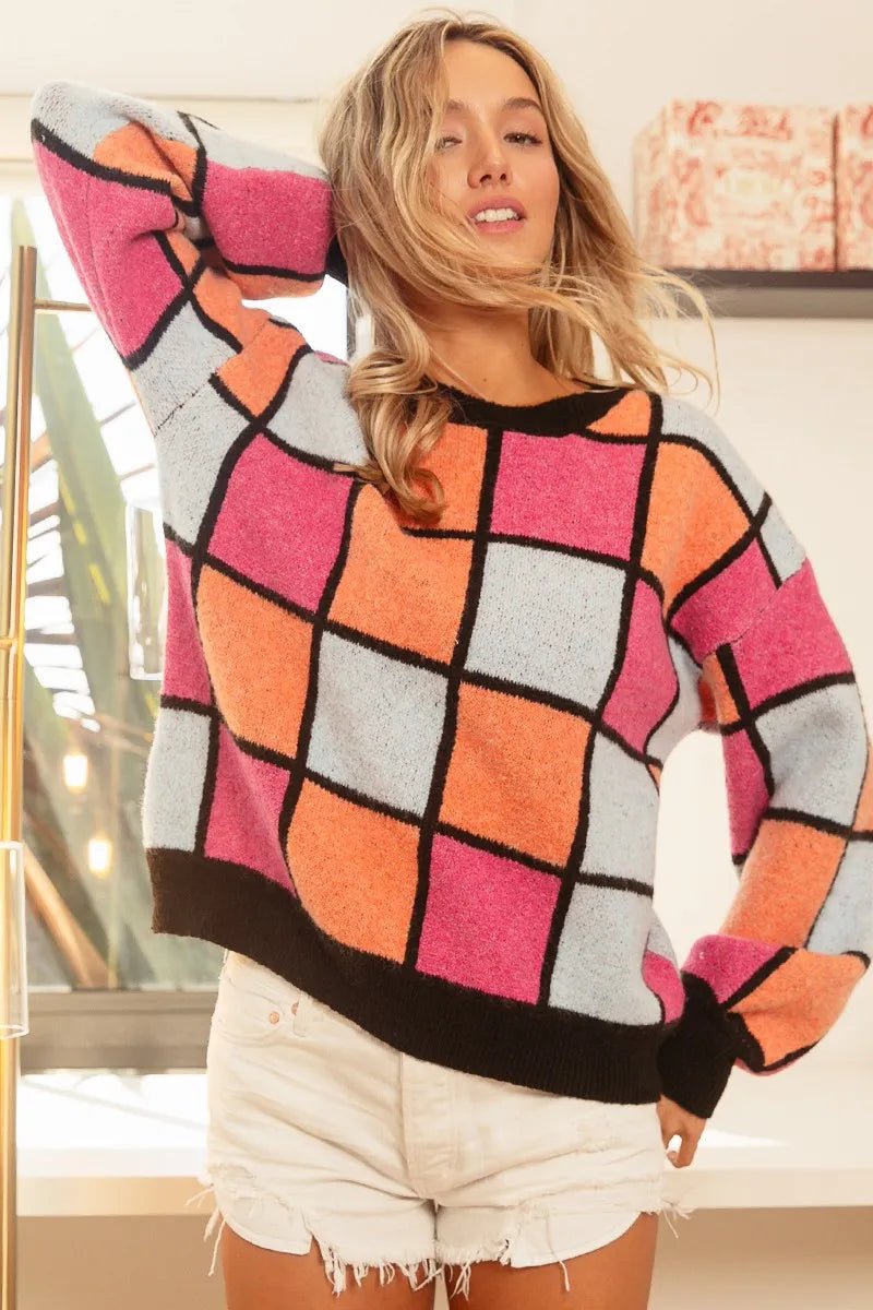 BiBi Multi Color Checker Pattern Sweater - Bitsy Gypsy Boutique