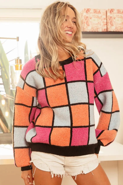 BiBi Multi Color Checker Pattern Sweater - Bitsy Gypsy Boutique