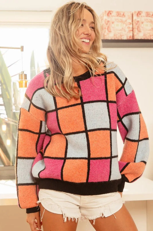 BiBi Multi Color Checker Pattern Sweater - Bitsy Gypsy Boutique