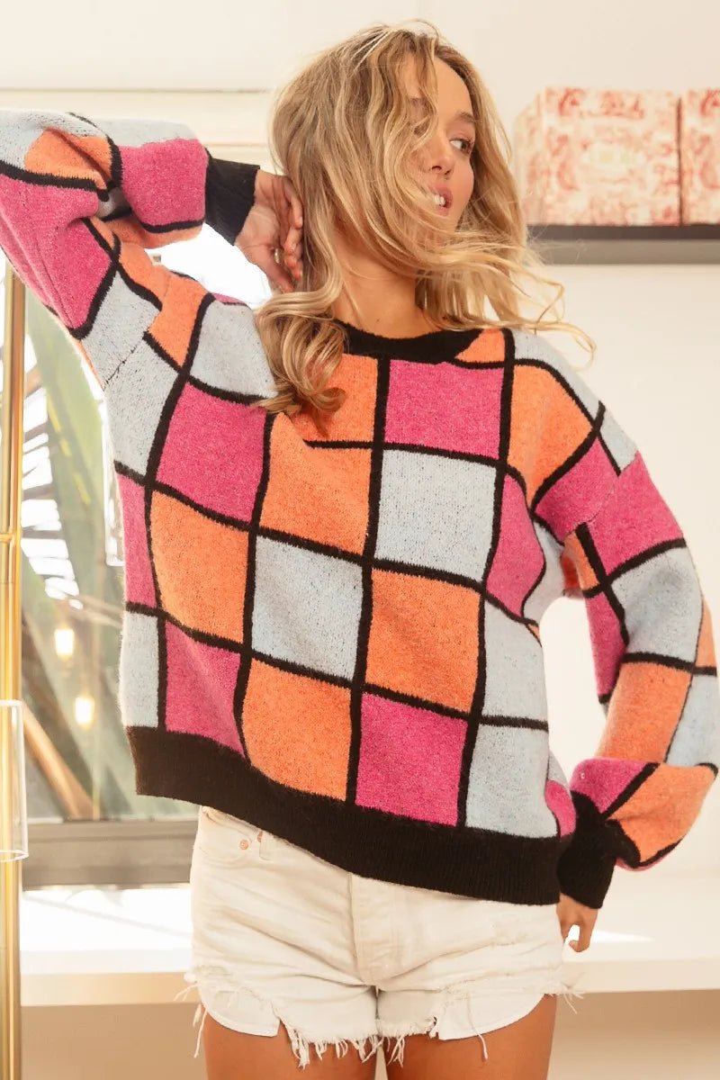 BiBi Multi Color Checker Pattern Sweater - Bitsy Gypsy Boutique