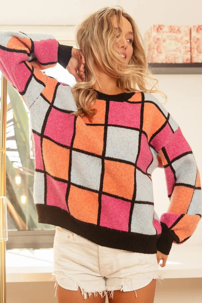 BiBi Multi Color Checker Pattern Sweater - Bitsy Gypsy Boutique
