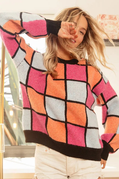 BiBi Multi Color Checker Pattern Sweater - Bitsy Gypsy Boutique