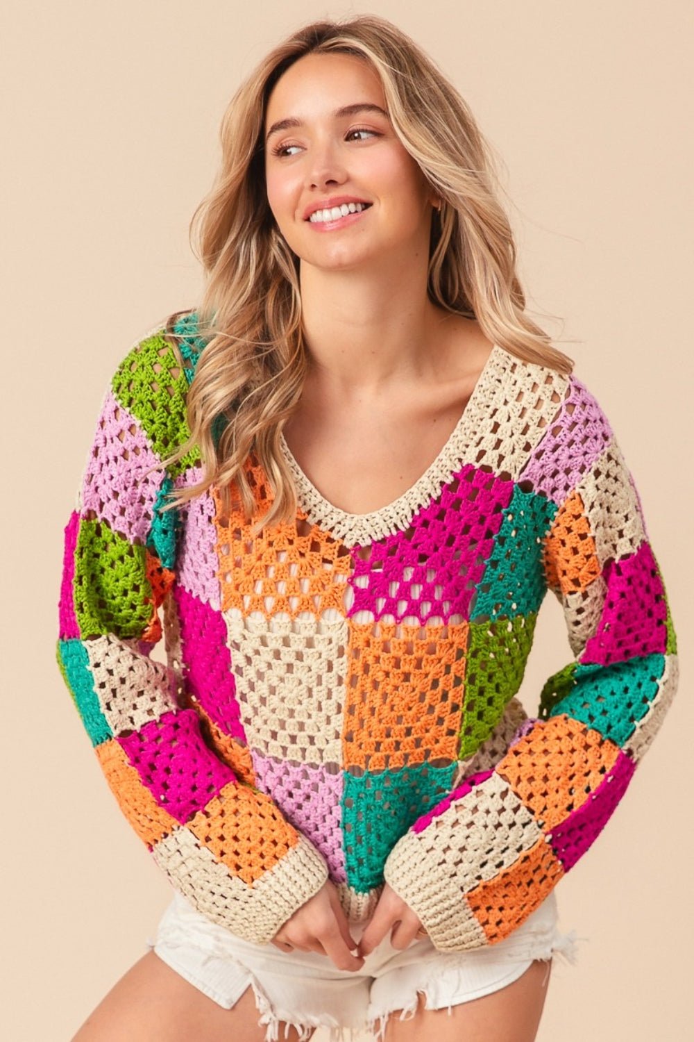 BiBi Multi Color Checkered Long Sleeve Knit Top - Bitsy Gypsy Boutique