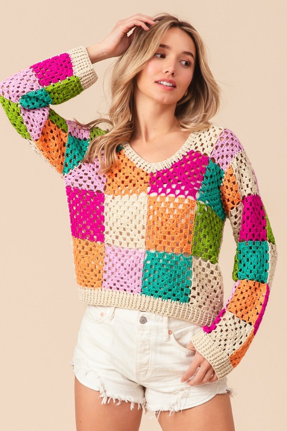 BiBi Multi Color Checkered Long Sleeve Knit Top - Bitsy Gypsy Boutique