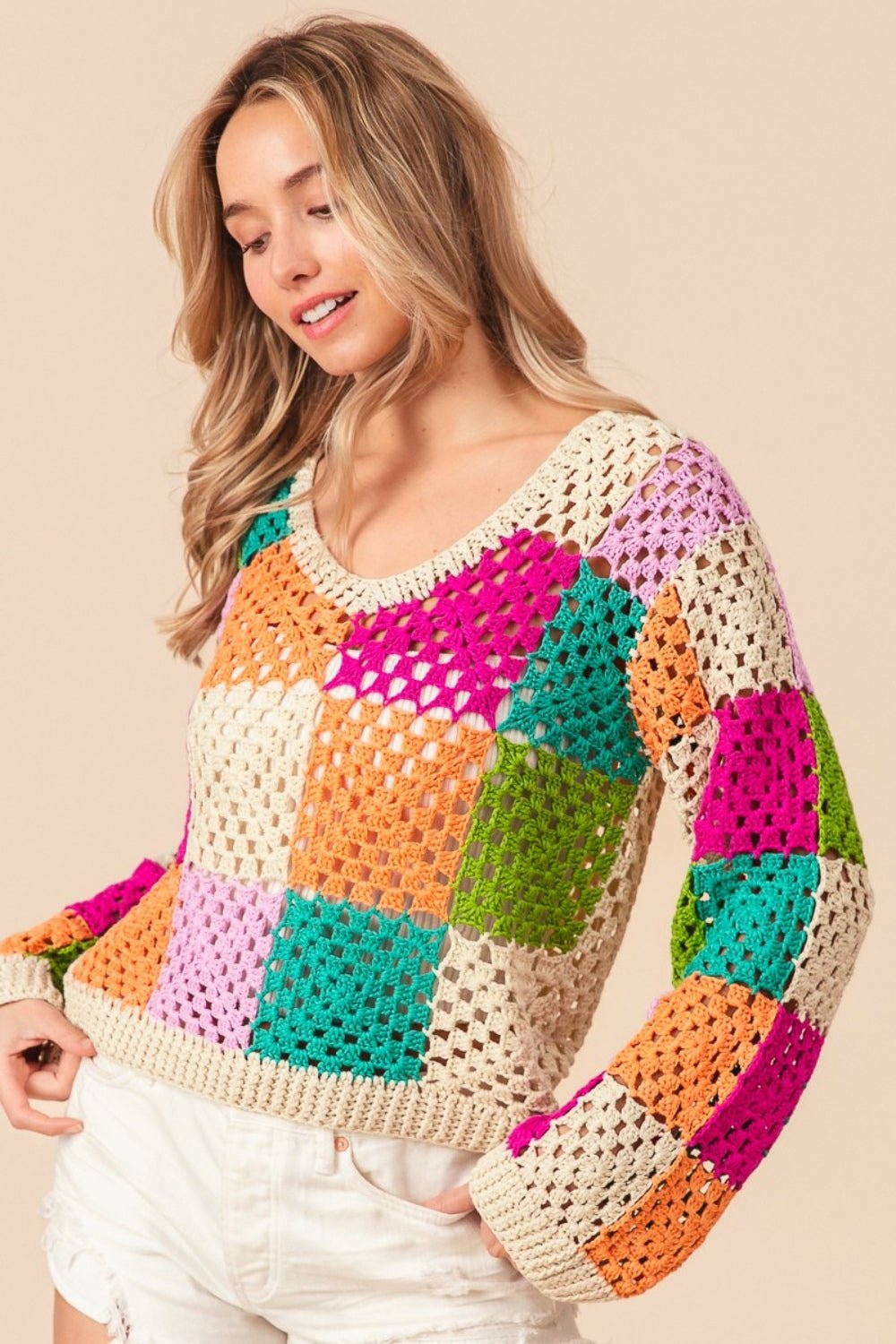 BiBi Multi Color Checkered Long Sleeve Knit Top - Bitsy Gypsy Boutique