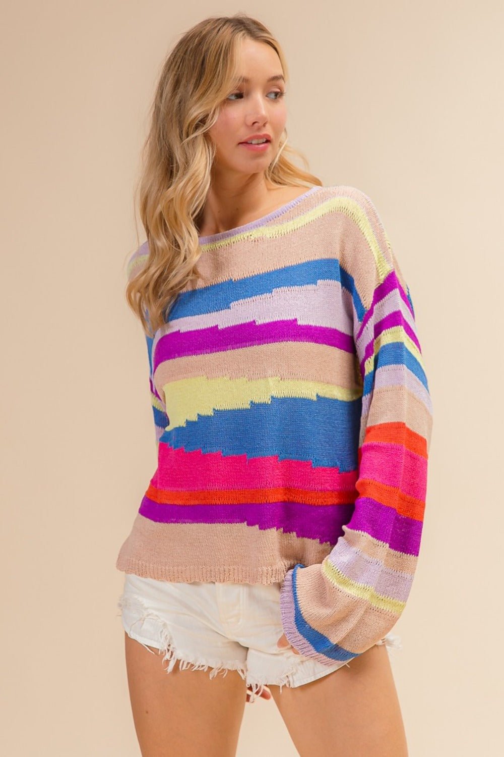 BiBi Multi Color Geometric Stripe Sweater - Bitsy Gypsy Boutique