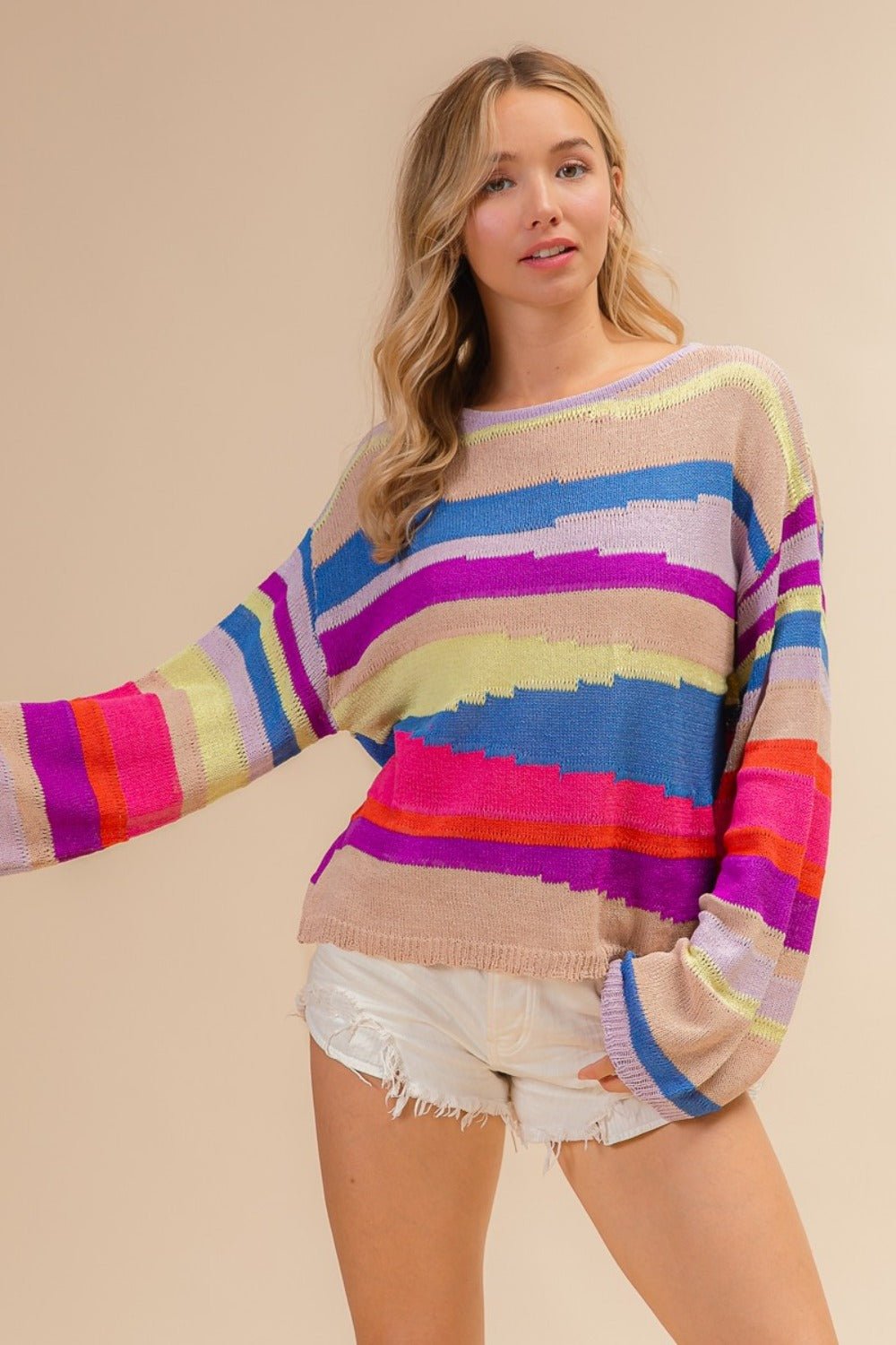 BiBi Multi Color Geometric Stripe Sweater - Bitsy Gypsy Boutique