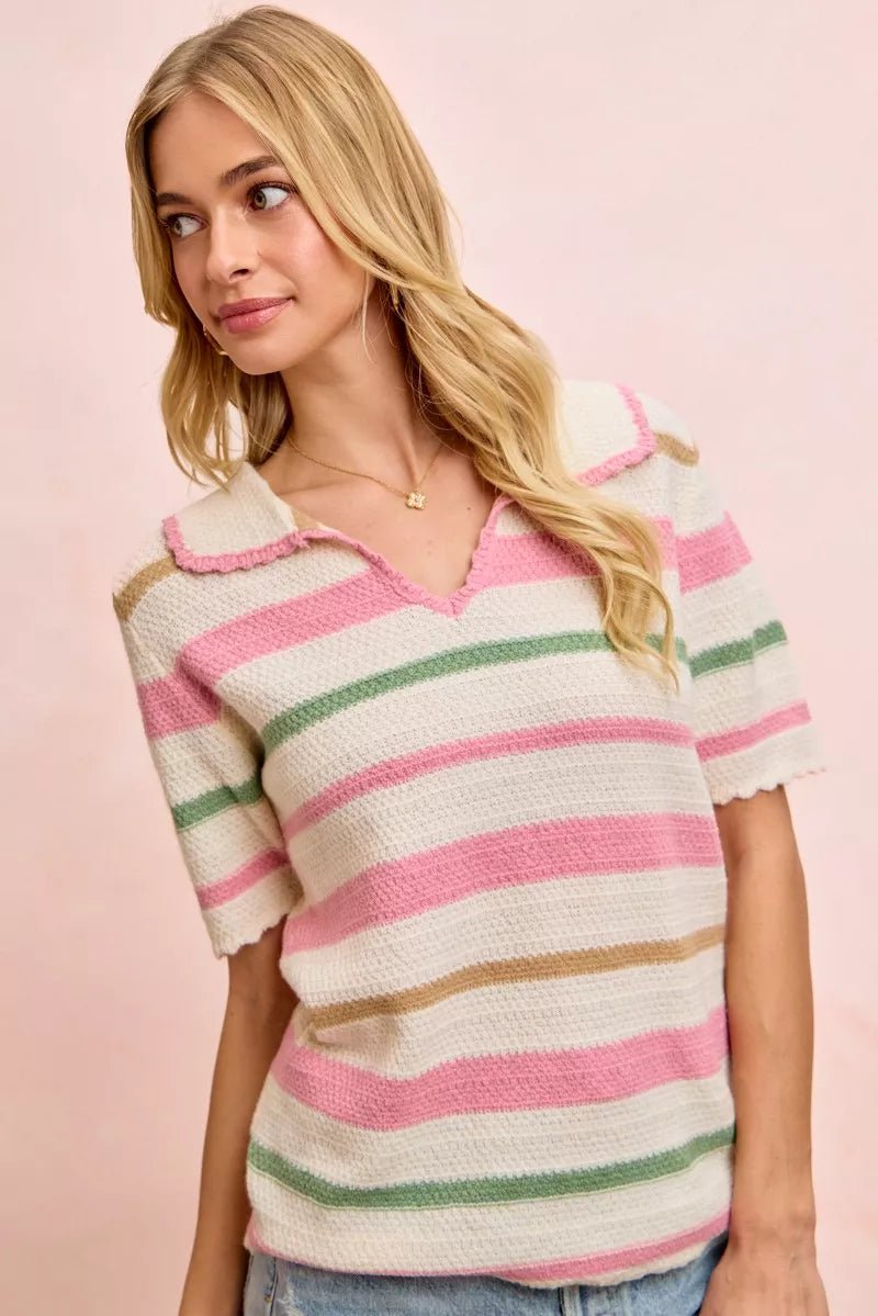 BiBi Multi Colors Stripes Collared Knit Top - Bitsy Gypsy Boutique
