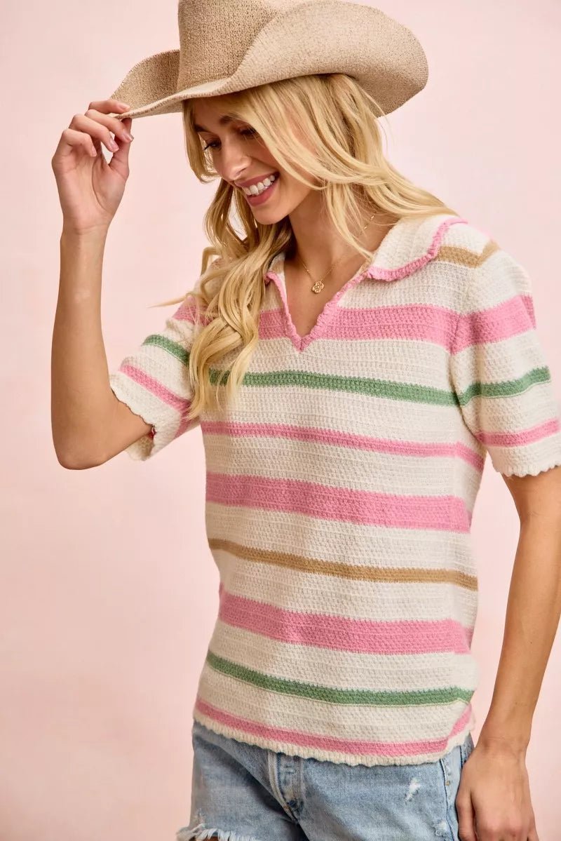 BiBi Multi Colors Stripes Collared Knit Top - Bitsy Gypsy Boutique