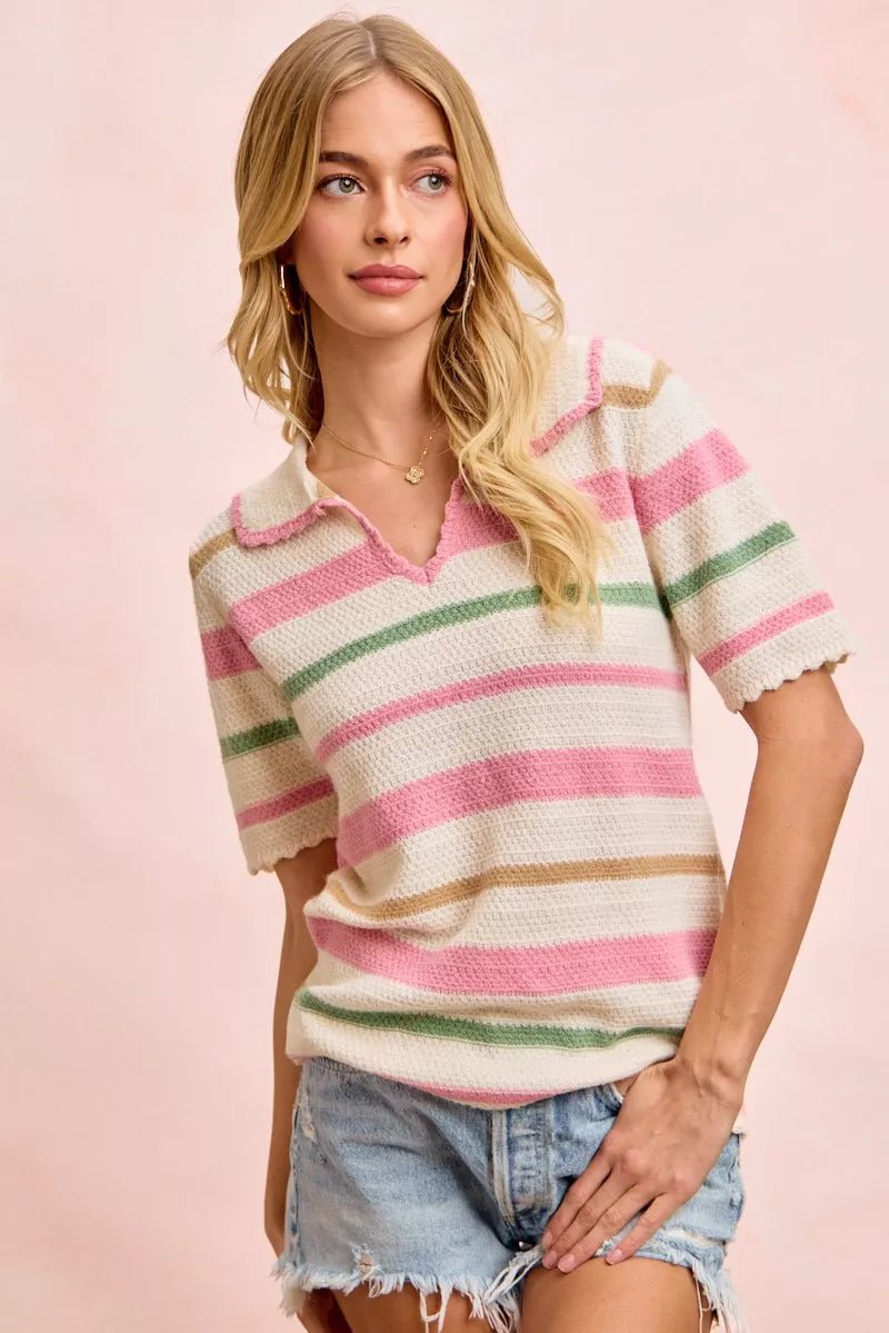 BiBi Multi Colors Stripes Collared Knit Top - Bitsy Gypsy Boutique