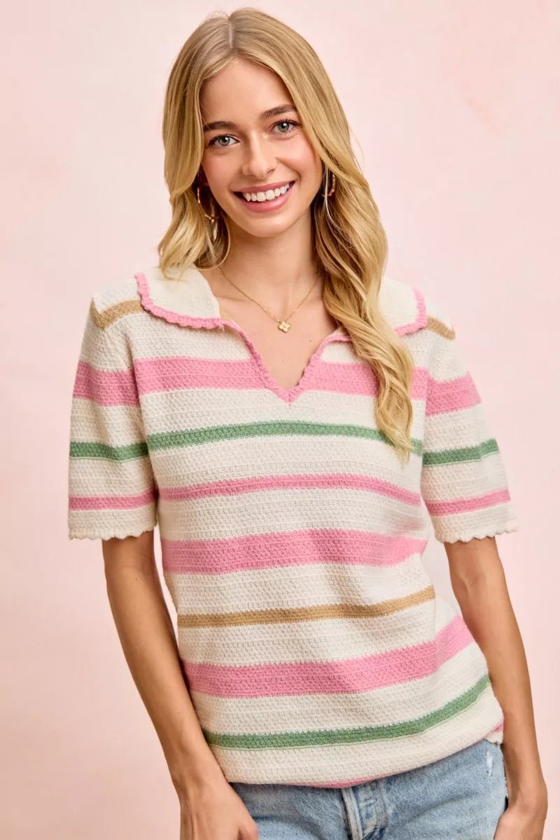 BiBi Multi Colors Stripes Collared Knit Top - Bitsy Gypsy Boutique