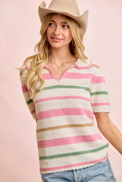BiBi Multi Colors Stripes Collared Knit Top - Bitsy Gypsy Boutique