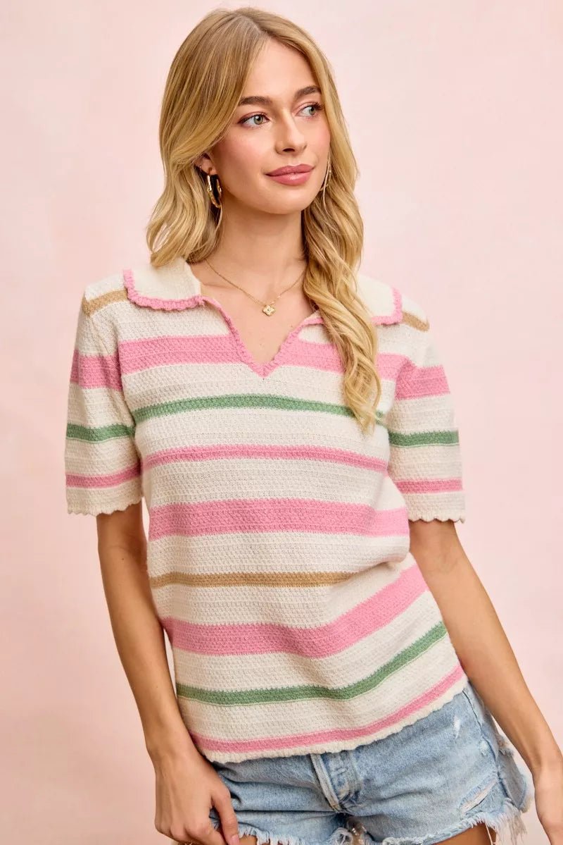 BiBi Multi Colors Stripes Collared Knit Top - Bitsy Gypsy Boutique