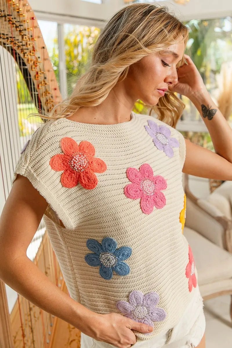 BiBi Multi Jeweled Crochet Flower Patch Sweater Vest - Bitsy Gypsy Boutique