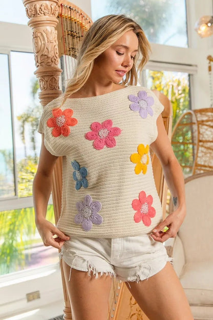 BiBi Multi Jeweled Crochet Flower Patch Sweater Vest - Bitsy Gypsy Boutique
