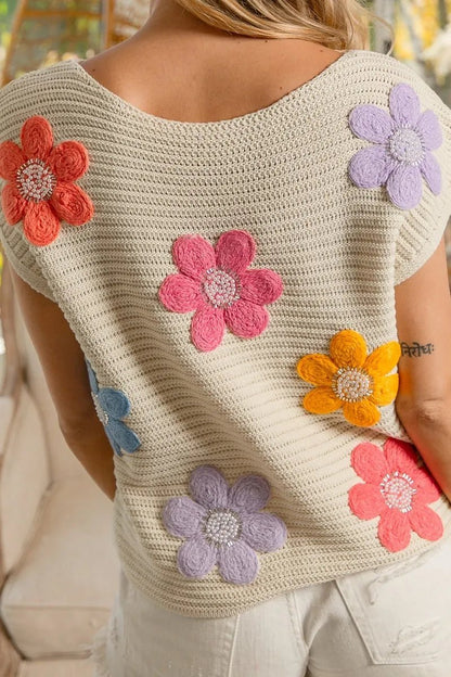 BiBi Multi Jeweled Crochet Flower Patch Sweater Vest - Bitsy Gypsy Boutique