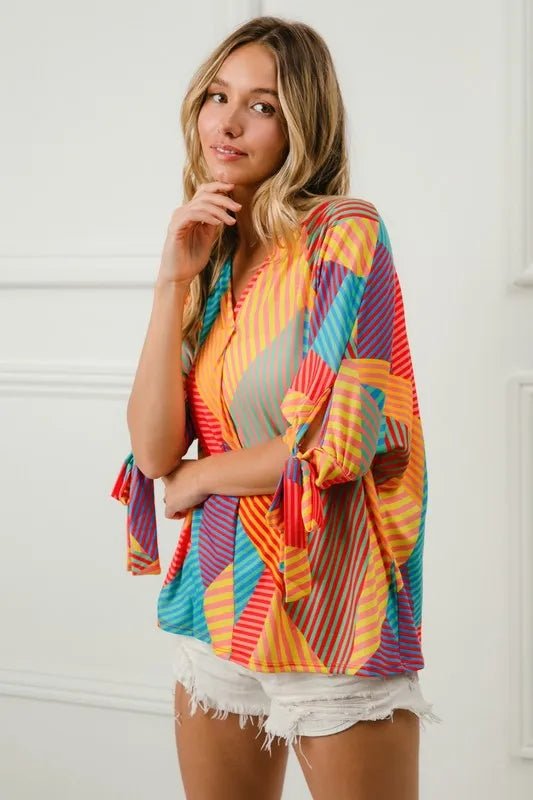 BiBi Multi Stripe Block Printed Jersey Blouse with Tied Sleeves - Bitsy Gypsy Boutique