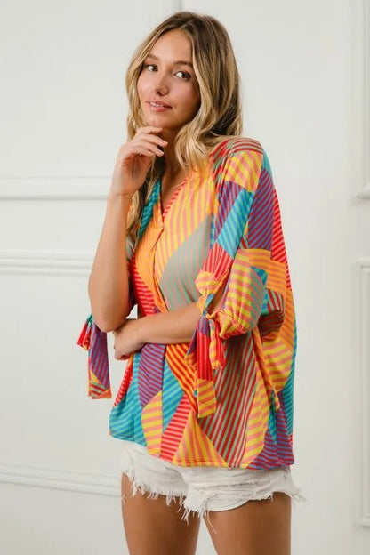 BiBi Multi Stripe Block Printed Jersey Blouse with Tied Sleeves - Bitsy Gypsy Boutique