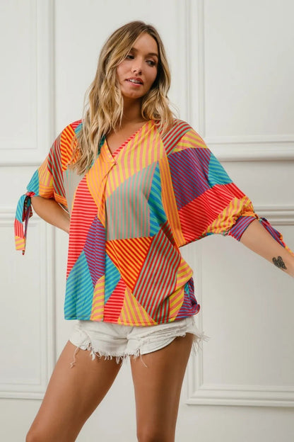BiBi Multi Stripe Block Printed Jersey Blouse with Tied Sleeves - Bitsy Gypsy Boutique