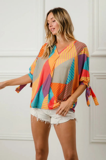 BiBi Multi Stripe Block Printed Jersey Blouse with Tied Sleeves - Bitsy Gypsy Boutique